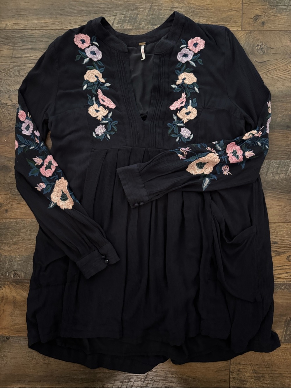 Free People Mia Boho Floral Embroidered Gauze Dress Size M Black